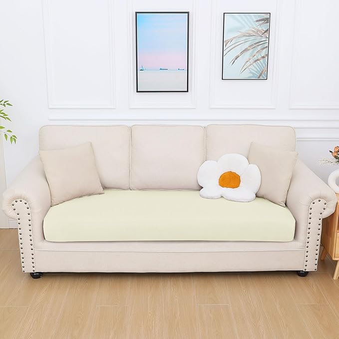 hyha Milk Silk Couch Cushion Covers, Soft Magic Sofa Covers Washable for 3 Cushion Couch, Stretch Sectional Outdoor Cushion Covers for Patio Furniture with Elastic Bottom(Large, Cream)