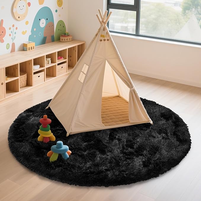 yulidayang Black Fluffy Round Area Rugs for Bedroom,5'X5'Shag Circle Area Rugs for Living Room,Non Slip Fuzzy Plush Rug for Kids Room Boys Girls Room and Dorm Home Decor Rug