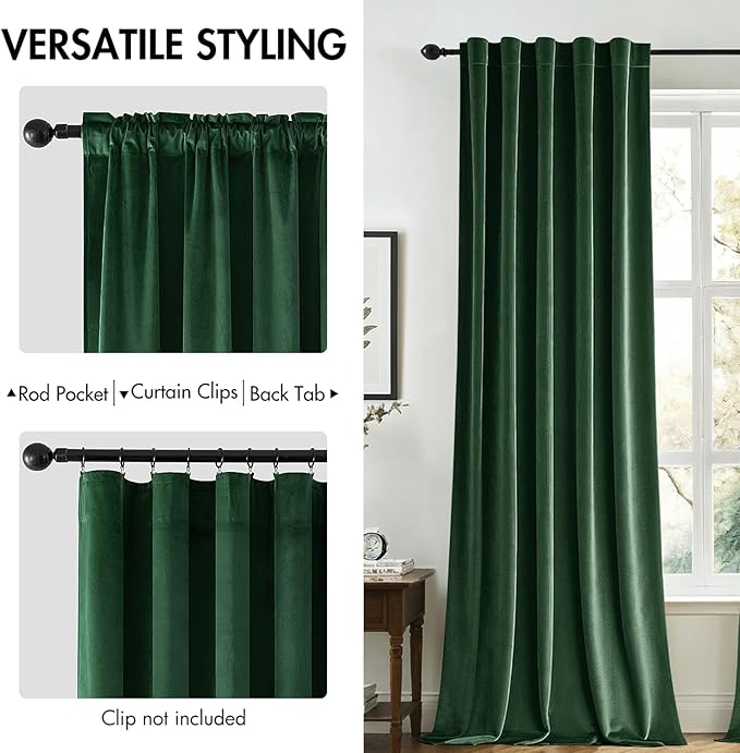 MIULEE Velvet Curtains 108 inches - Luxury Christmas Blackout Curtains for Bedroom Living Room Thermal Insulated Super Soft Window Drapes Back Tab, Hunter Green, W52 x L108 inches, 2 Panels
