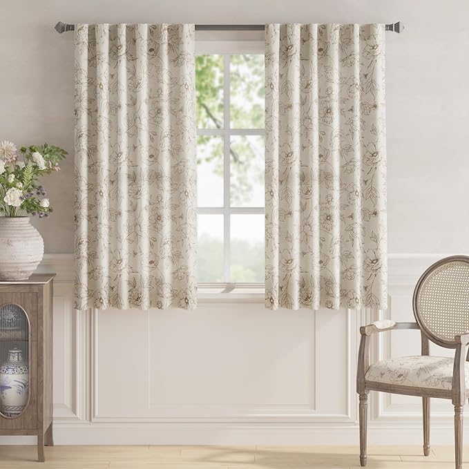jinchan Floral Linen Curtains for Living Room 63 Inch Length Taupe Flower Curtain Rod Pocket Back Tab Farmhouse Curtains with Printed Floral Bedroom Window Curtain Set, 2 Panels Taupe