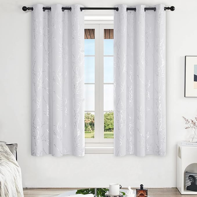 Deconovo Greyish White Curtains, Room Darkening Curtain, Thermal Insulated Soundproof Drapes, Silver Branch Print, 42 x 63 Inch Long, Grommet Window Panels for Living Room Bedroom Nursery, Set of 2