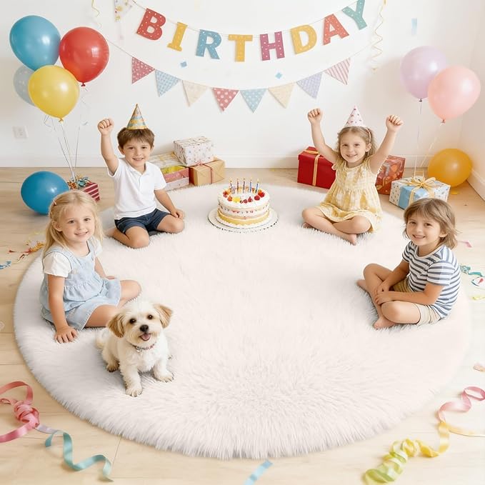 OLANLY Ivory Round Rugs for Bedroom - Machine Washable, 5 ft Circle Area Rugs for Living Room, Soft and Fluffy Shaggy Carpet for Teen Girls and Boys, Nursery Rooms, Dorms, Home Decor Aesthetic