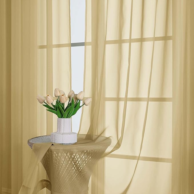 OWENIE Gold Sheer Curtain 90 Inches Long 2 Panels Set, Solid Filmy Drapes for Living Room Bedroom, Elegant Window Voile Sheer Curtain Panels Drapes, 2 Pcs, Each 59" Wx90 L Inch