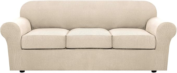 H.VERSAILTEX 4 Piece Stretch Couch Covers for 3 Cushion Couch Sofa Furniture Slipcovers Feature Upgraded Thicker Jacquard Fabric (Sofa, Natural)