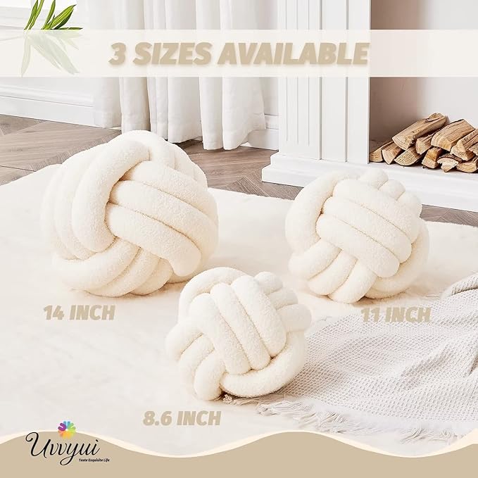 Uvvyui Knot Pillow Ball, Soft Home Decorative Pillows, Round Throw Pillow, Handmade Knotted Plush Pillow, Round Boucle Pillow Cushion (14 Inches Ivory)