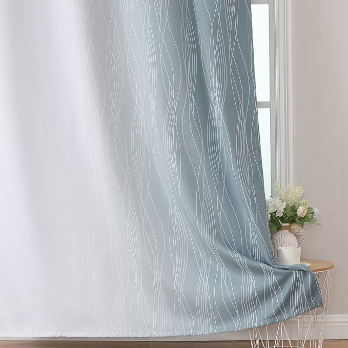 Estelar Textiler Stone Blue and Greyish White Blackout Curtains 63 Inch Length 2 Panels Set, Room Darkening Grommet Ombre Curtains for Bedroom, Thermal Insulated Light Blocking Gradient Drapes,52Wx63L