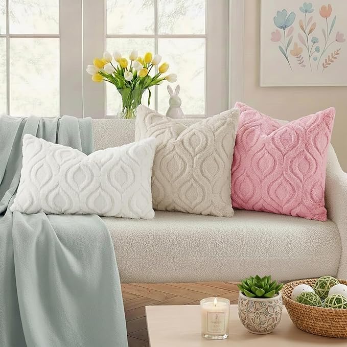decorUhome Throw Pillow Covers 12x12 Inch Set of 2, Soft Plush Decorative Faux Fur Beige Solid Couch Pillow Covers, Accent Farmhouse Neutral Square Pillow Cases for Sofa Bed Living Room