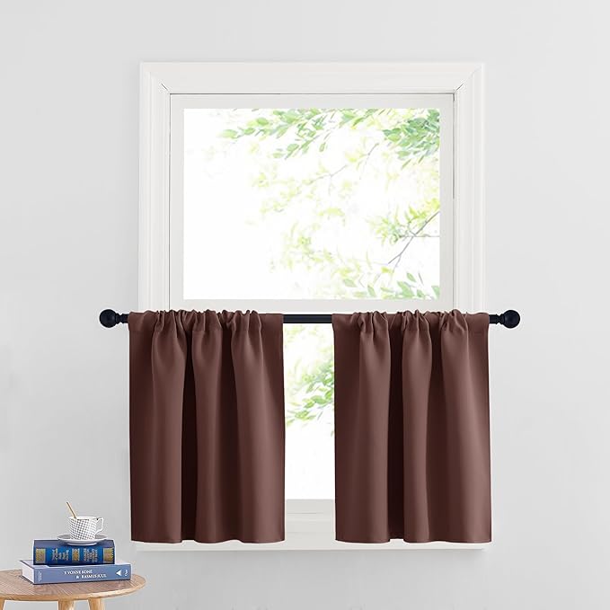RYB HOME Blackout Bathroom Window Curtains, Short Thermal Insulated Heat Blocking Rod Pocket Half Window Curtain Tiers for Nursery Bedroom, Width 42 by Length 30, Chocolate Brown, 2 Panels