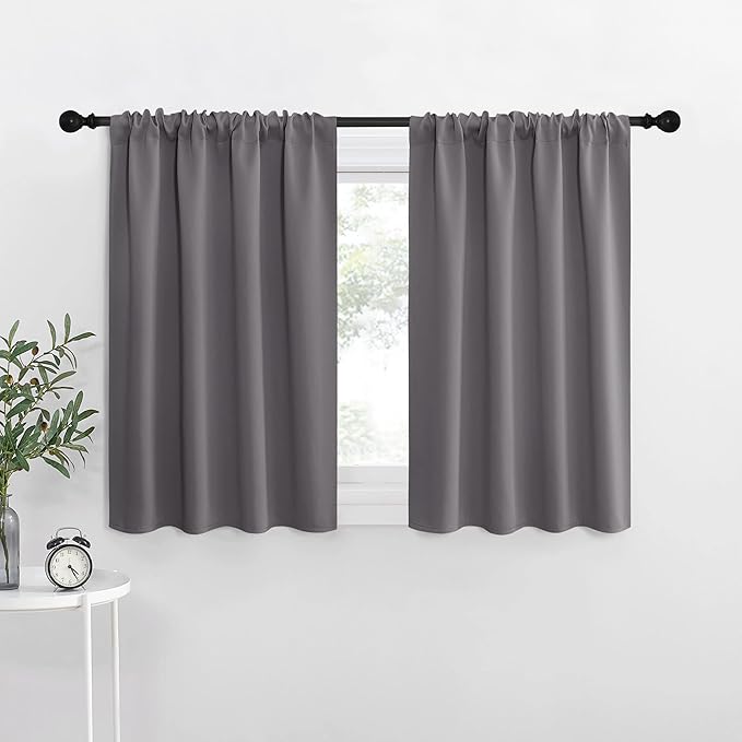 NICETOWN Short Curtains, Grey Window Curtains for Bedroom, Home Decoration Thermal Insulated Rod Pocket Blackout Blinds & Drapes for Small Windows (Gray, 2 Panels, W34 x L36 -Inch)