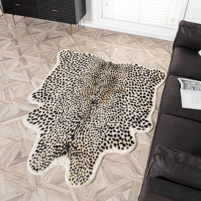 Leopard Area Rug Animals Printed Hide Mats Faux Fur Cowhide Skin Carpet for Home Office, Living Room, Bedroom, 5.2ft x 6.5ft (160 x 200cm)
