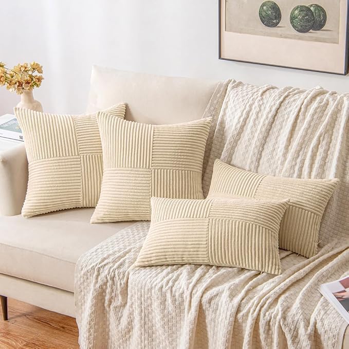 MIULEE Cream Decorative Euro Sham Pillow Covers 24x24 Inch for Bed Couch Sofa Pack of 2 Boho Neutral Farmhouse Throw Pillows Soft Cross Corduroy Patchwork Textured Cushion Cases