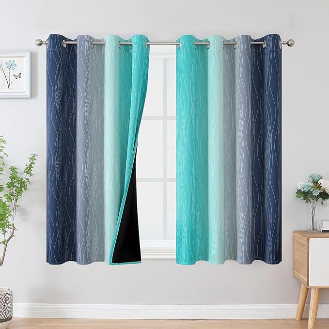 Estelar Textiler Navy Blue and Teal Blackout Curtains 54 Inch Length, Full Light Blocking Gradient Grommet Drapes for Living Room, Thermal Insulated Ombre Curtains for Bathroom,52Wx54L,2 Panels