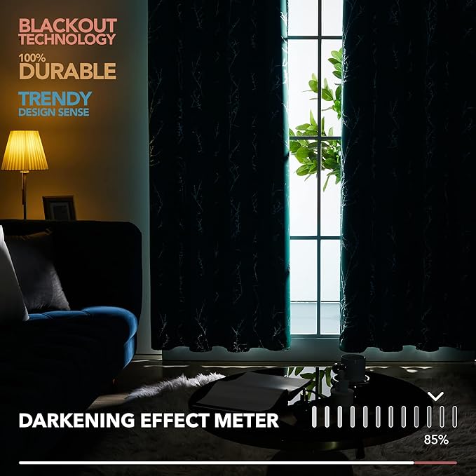 Deconovo Blackout Curtains, Thermal Insulated Soundproof Drapes with Tree Foil Print, 52 x 63 Inch, Set of 2, Machine Washable Window Curtain for Bedroom Living Room Nursery Kitchen Office, Turquoise