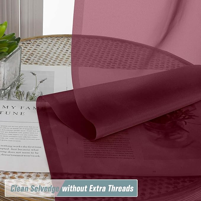 Burgundy Valances for Windows 14 inch Length 2 Panels Set, Small Voile Sheer Curtains for Bathroom, Soft Fabric Lightweight Light Filtering Kitchen Curtains, Dual Rod Pocket, 2x42Wx14L Inches