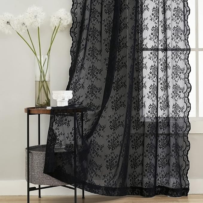 YJ YANJUN Vintage Lace Curtains 72 inch Length Goth Black Floral Sheer Sidelight Curtains for Front Door Coffin/Dark/Halloween/Spooky/Skull/Moody/Witch/Creepy Room Decor 52" W x 72" L