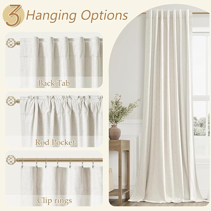 Guken Cream 100% Blackout Linen Curtains 38 Inch Wide by 90 Inch for Living Room Bedroom Back Tab Thermal Insulated Black Out Drapes Room Darkening Window Curtains