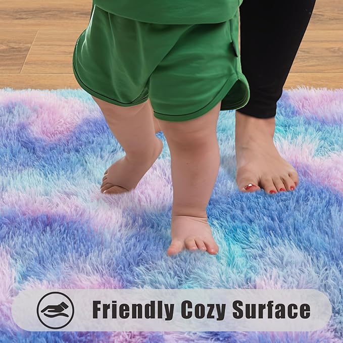 Soft Runner Rugs for Bedroom Hallways, 2x4 Purple Rainbow Fluffy Shag Throw Area Rug Non Slip for Bedside Dorm, Long Shaggy Furry Carpet for Nursery Living Room