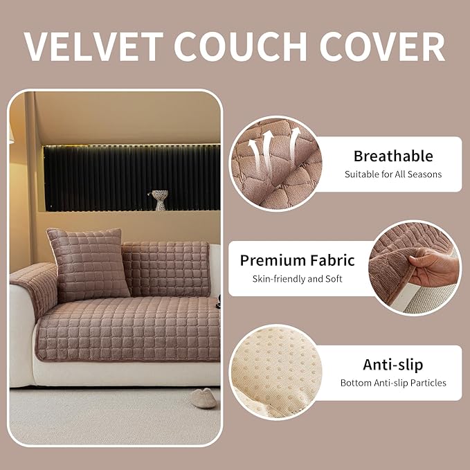 Velvet Couch Cover, Plush Sectional Sofa Cover Washable, Anti Slip Sofa Slipcover for Armrest & Backrest, Furniture Protector Covers for Pets & Kids(1PC, Dark Brown, 27.6"×27.6")