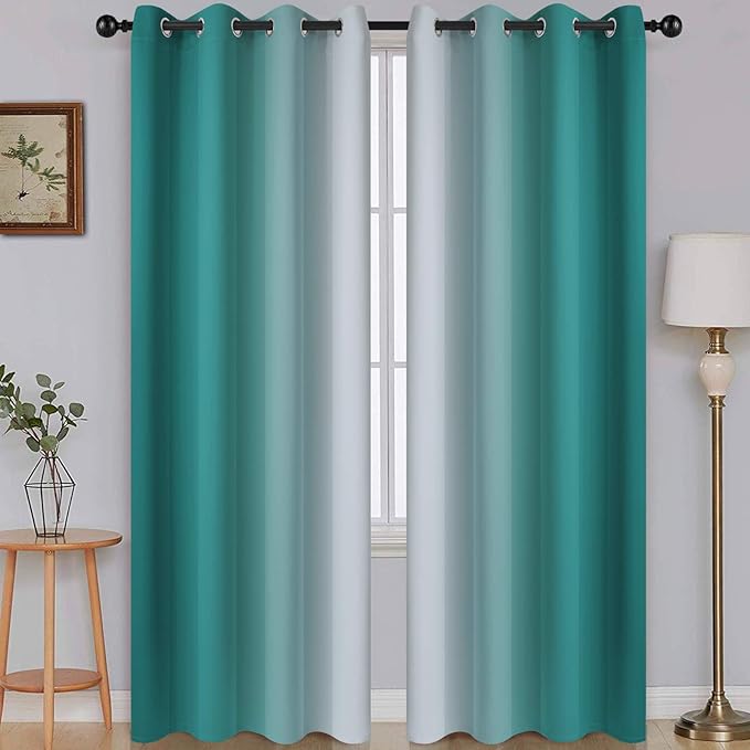 SimpleHome Ombre Room Darkening Curtains for Living Room, Light Blocking Gradient Teal to Greyish White Thermal Insulated Grommet Window Curtains/Drapes for Bedroom, 2 Panels, 52x84 inches Length