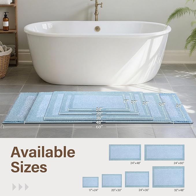 48x24 Long Bathroom Rugs Washable Non Slip, Light Blue Bath Mat for Bathroom Floor Tub, Soft Absorbent Quick Dry Mats for Shower, Bathtub,Home Decor