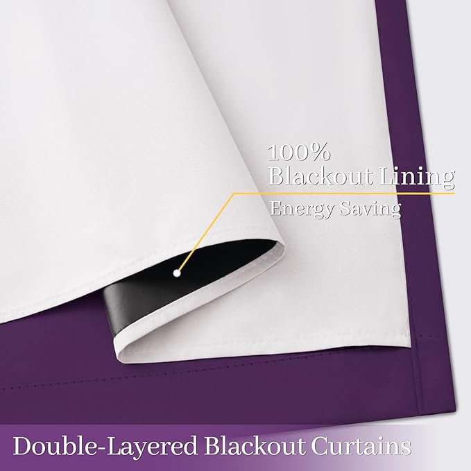 Yakamok 100% Blackout Curtain Panels 84 inches Cold and Light Blocking Drapes for Nursery, 2 Thick Layers Thermal Insulated Draperies (2 Pieces, 50 Wide Each Panel, Purple/White Backing)