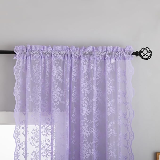 YJ YANJUN Vintage Lace Curtains 96 Inches Long-Victorian Floral Pattern Lavender Sheer Curtain Panels for Living Room Bedroom,Light Filtering, Romantic Girly Drapes 2 Panels 52W x 96L Light Purple