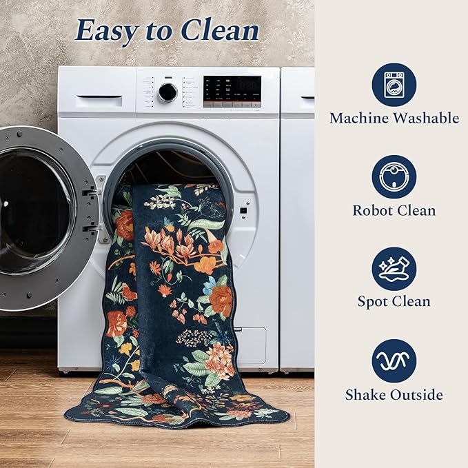 Rugflix 2x6 Runner Rug for Hallway, Washable Kitchen Runner Non Slip, Soft Low Pile Entryway Carpet, Vintage Floral Stain Resistant Long Laundry Room Rugs for Bedroom, Stairs