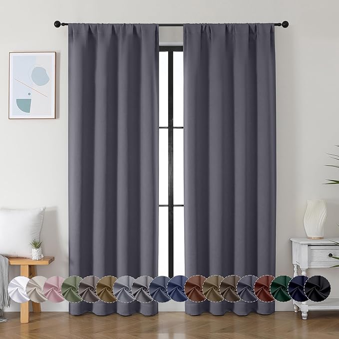 Simplebrand Ava Grey Blackout Curtains for Bedroom 72 Inch Length 2 Panels Set, Privacy Thermal Insulated Rod Pocket Window Curtains for Patio French Door, W40 x L72 Inch