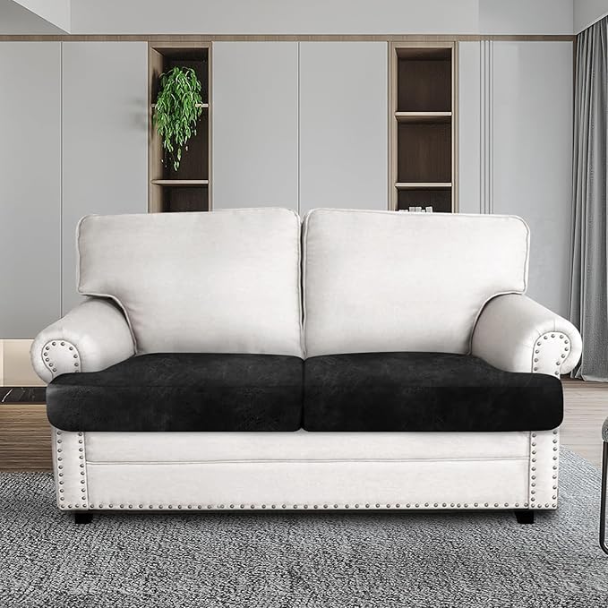 Leather Look Couch Cushion Covers Sofa Seat Slipcovers Sets Couches Furniture Protector for Sectional Armchair Loveseat Pets Kids Stretch Spandex Fabric (2 T-Cushion Loveseat, Black)