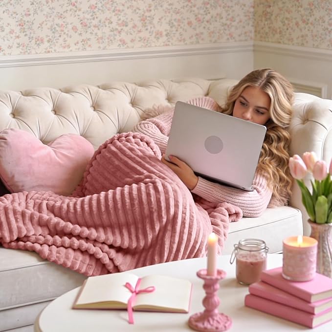 BEDELITE Fleece Throw Blanket for Couch – 3D Ribbed Jacquard Soft and Warm Decorative Fuzzy Blanket – Cozy, Fluffy, Plush Lightweight Pink Throw Blankets for Bed, Sofa, 50x60 inches