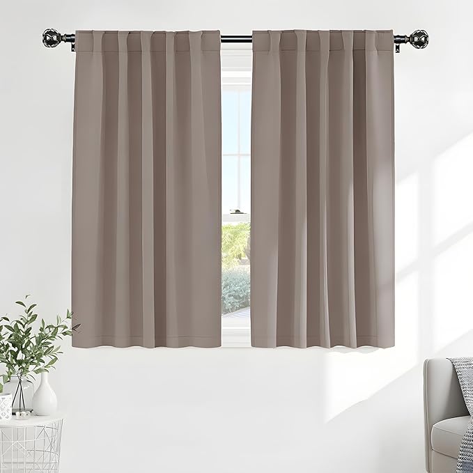 PONY DANCE Blackout Window Curtains - Back Tab Window Treatments Curtain Panels/Draperies Room Darkening Noise Reducing Home Fashion, Wide 42 x Long 45 inches, Light Taupe, One Pair