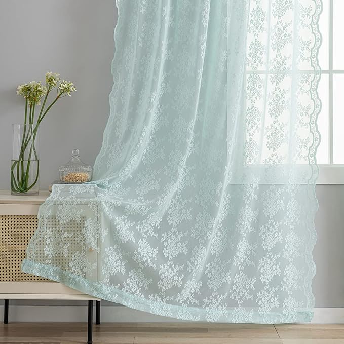 YJ YANJUN Vintage Lace Curtains 96 Inches Long-Victorian Floral Pattern Aqua Sheer Curtain Panels for Living Room Bedroom,Light Filtering, Shabby Chic Memaid Beach Drapes 2 Panels 52W x 96L