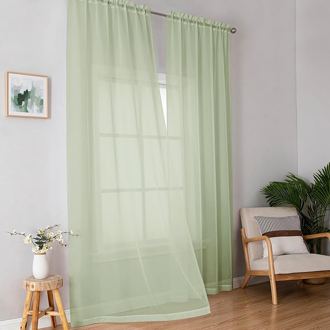 OWENIE Sheer Curtains 84 inches Long 2 Panels Set for Bedroom Living Room, Soft Solid Living Room Rod Pocket Light Filtering Curtains, 2 Pcs Each 42“ W x 84" L, Light Green