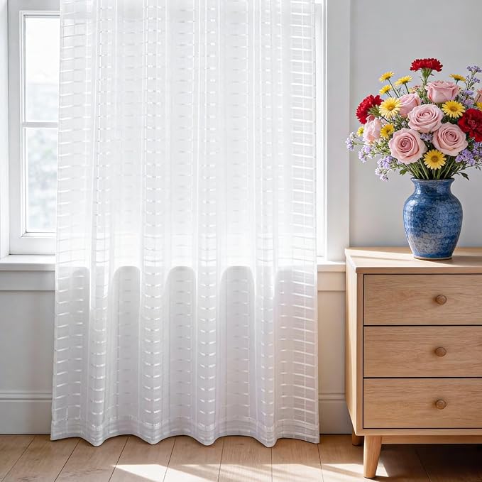 SpaceDresser Check Sheer Curtains 72 Inches Long for Living Room, Rod Pocket Plaid Semi Sheer Drapes for Kitchen Bedroom（White, 52W x 72L）