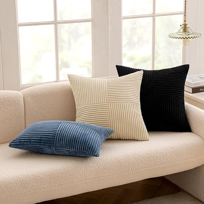 MIULEE Blue Decorative Throw Pillow Covers 18x18 Inch for Couch Bed Sofa Pack of 2 Boho Farmhouse Throw Pillows Soft Cross Corduroy Patchwork Textured Cushion Cases