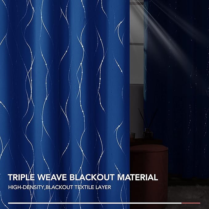 Deconovo Blackout Curtains, 38 x 36 Inch Drapes for Kitchen with Wave Dots Silver Print, Soundproof Thermal Insulated Window Curtain for Small Windows Nursery, Set of 2, Machine Washable, Royal Blue