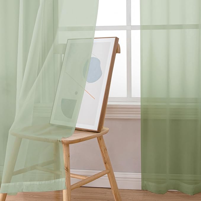 OWENIE Sheer Curtains 63 inch Length 2 Panels Set, Rod Pocket Voile Fimly Sheer Drapes for Living Room/Bedroom, 2pcs, Each 42" W x 63" L, Light Green