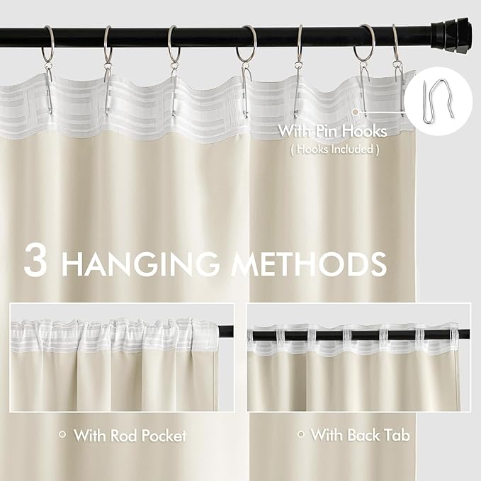MIULEE Beige White Back Tab Blackout Curtains 84 Inch Length 2 Panels Set for Living Room Bedroom Privacy, Rod Pocket/Pinch Pleat Thermal Insulated Room Darkening Pleated Light Blocking Drapes