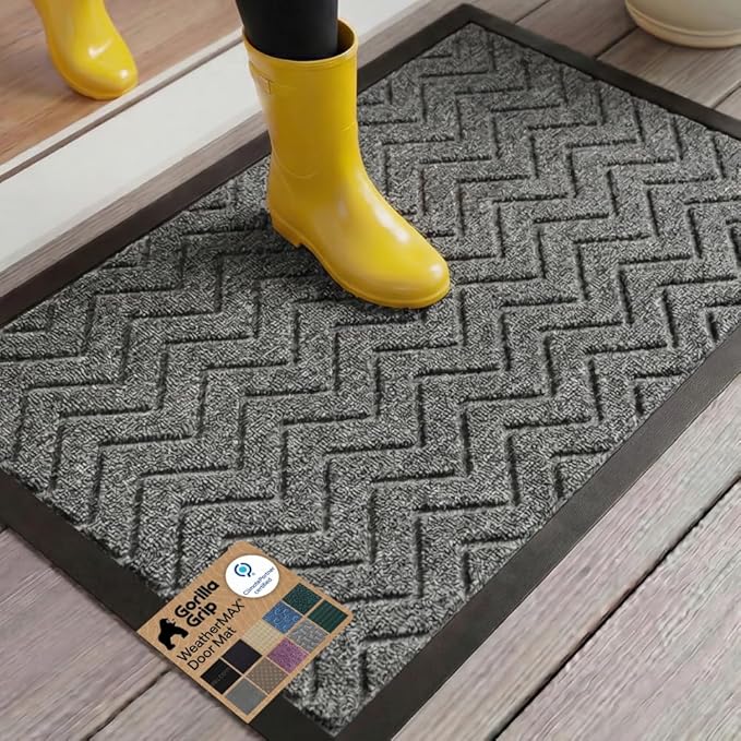 GORILLA GRIP 100% Waterproof All-Season WeatherMAX Doormat 35x23, US Designed Natural Rubber, Stain and Fade Resistant, Low Profile Indoor Outdoor Door Mats, Easy Clean Patio Mat, Steel Chevron