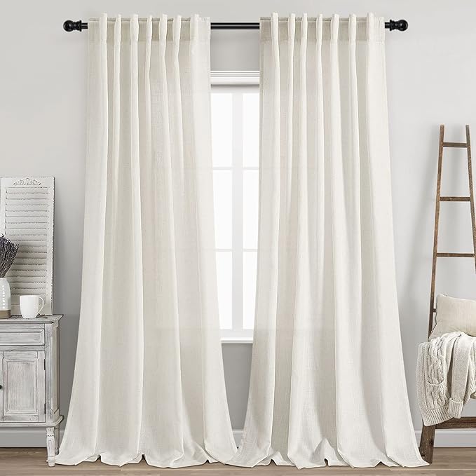 Cream Linen Curtains Back Tab Sheer Curtain 97 Inches Long for Living Room 2 Panels Rod Pocket Neutral Semi Sheer Light Filtering Curtains Drapes Cream Farmhouse Dining Room Curtain 52x97