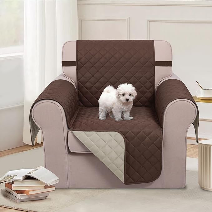 U-NICE HOME Reversible Oversized Chair Covers Quilted Water Repellent Pet Protectors with Elastic Straps(28''Armchair, Coffee/Beige)