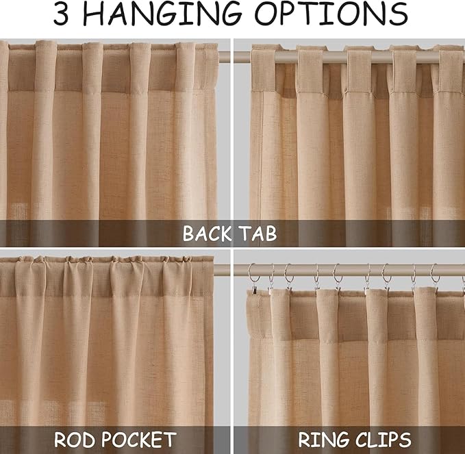 Nanspring Camel Linen Curtains for Living Room 92 Inches Long Back Tab and Rod Pocket Light Filtering Semi Sheer Vintage Rustic Curtain Luxury Boho Decor Drapes for Bedroom Office 52x92, 2 Panels