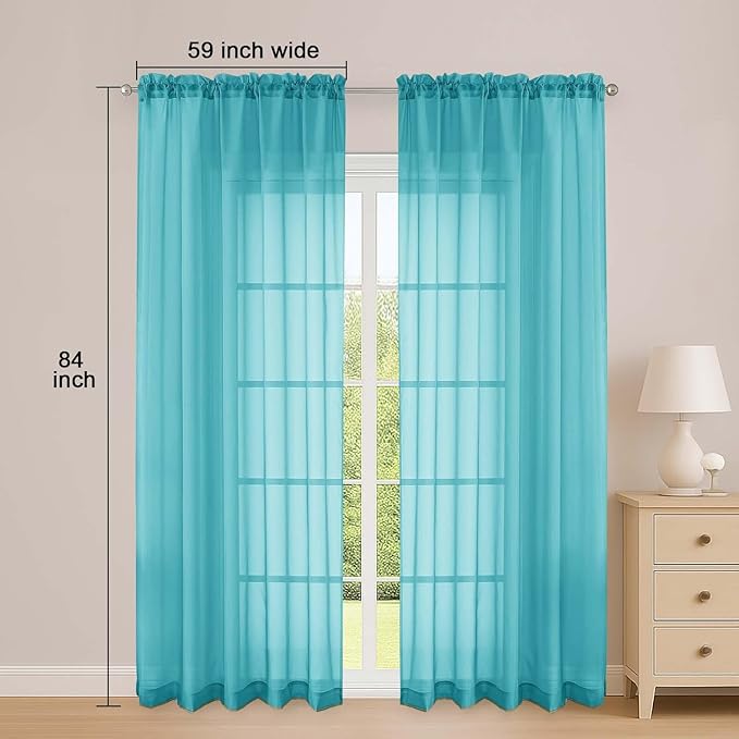 OWENIE Sheer Curtains 84 Inches Long 2 Panels Set, Sheer Turquoise Curtains for Living Room Bedroom 59 Inch Extra Wide, Modern Voile Filmy Rod Pocket Drapes, 2 Pcs, Each 59 W x 84L, Turquoise