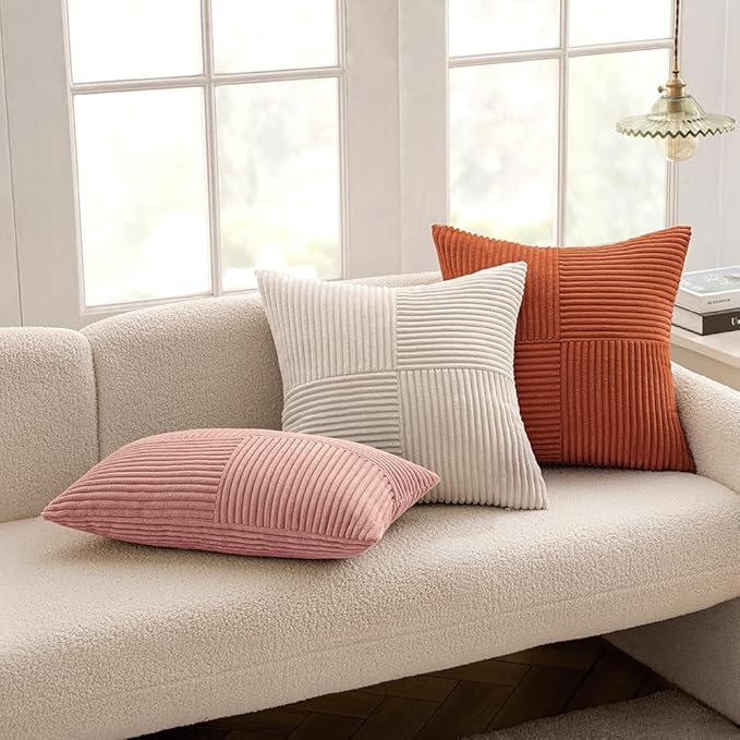 MIULEE Beige Decorative Throw Pillow Covers 20x20 Inch for Couch Bed Sofa Pack of 2 Boho Neutral Farmhouse Throw Pillows Soft Cross Corduroy Patchwork Textured Cushion Cases