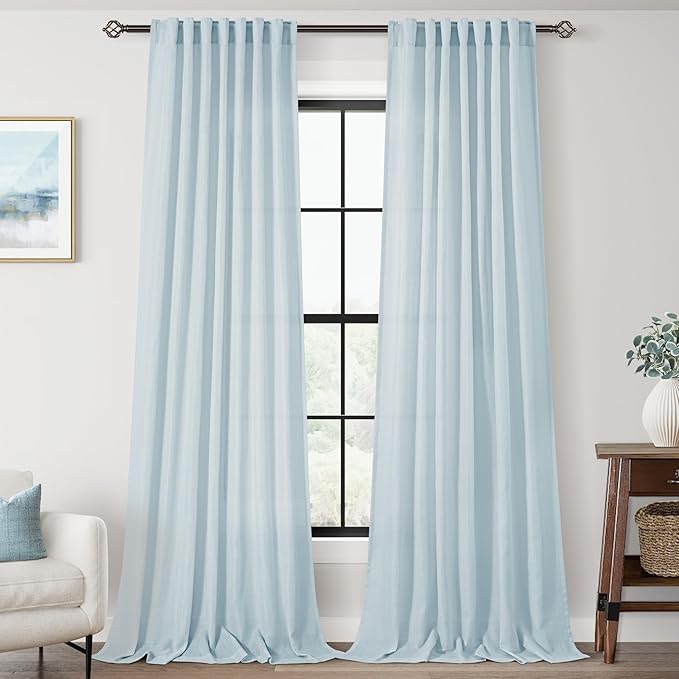 Sky Blue Curtains 96 inch Length for Bedroom Back Tab Light Filtering Semi Sheer Blue Living Room Curtains Linen Cotton Textured Drapery Panel Aesthetic Decor Light Blue 52x96