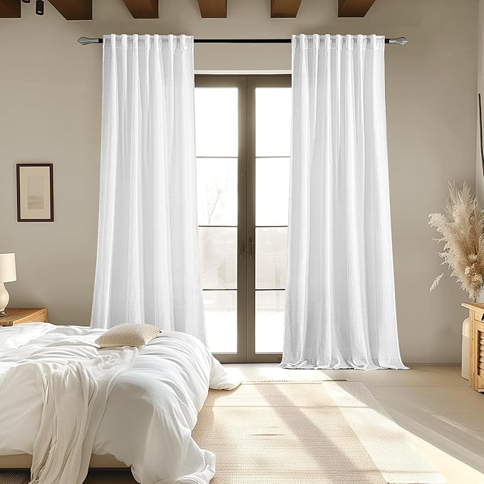 MIULEE White Linen Curtains 90 Inches Long 2 Panels for Bedroom Living Room, Soft Thick Linen Textured Back Tab Window Drapes Semi Sheer Light Filtering Rod Pocket Modern Farmhouse Decor
