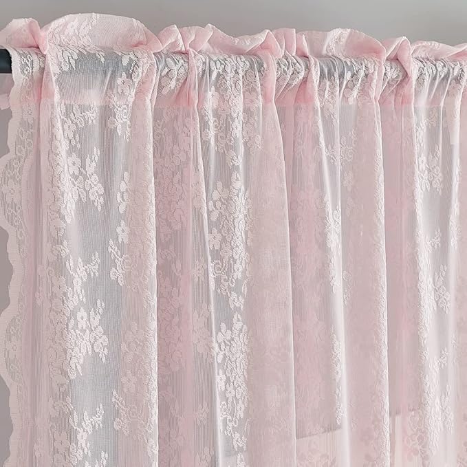 YJ YANJUN Vintage Lace Curtains 63 Inches Length- Cute Sheer Pink Curtains for Girls Bedroom Light Pink Floral Short Window Drapes Princess Girls Room Coquette Decor 2 Panels 52 x63 Inch