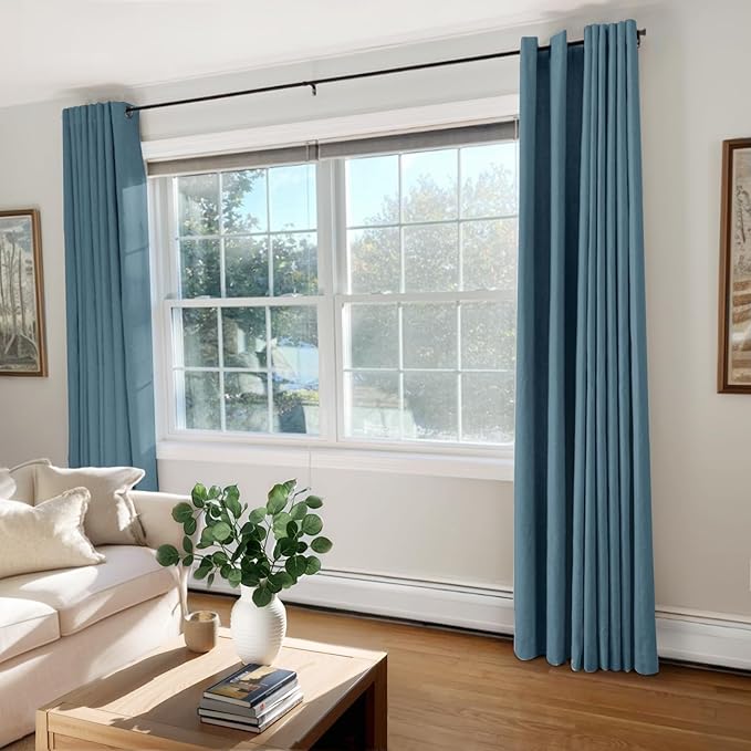 100% Blackout Shield Linen Blackout Curtains for Bedroom, Stone Blue Grommet Curtains for Living Room, Thermal Insulated Room Darkening Drapes for Nursery, Boho Home Decor, 50" W x 90" L, 2 Panels