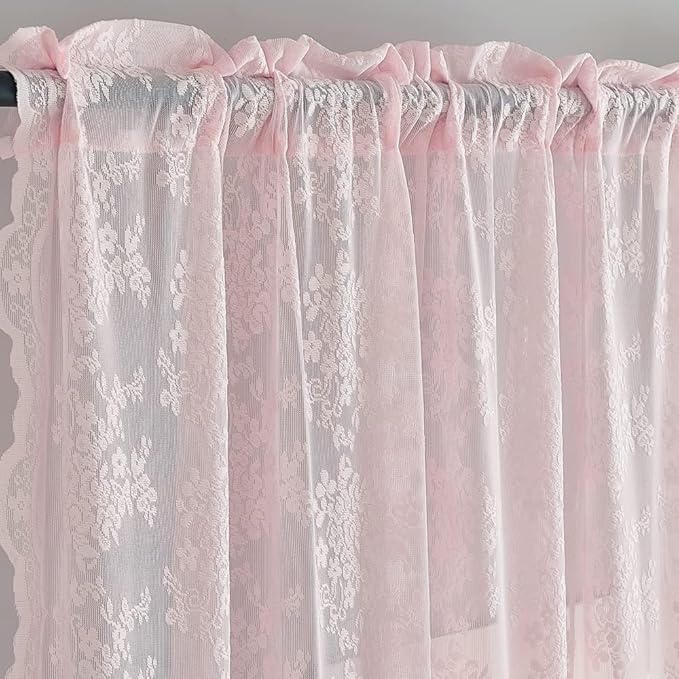 YJ YANJUN Vintage Lace Curtains Pink Boho Floral 80 Inch Curtains for Girls Room Princess Closet Curtain for Open Closet Pink Sheer Sliding Closet Door Drapes 2 Panels Set Light Pink 52W x 80L