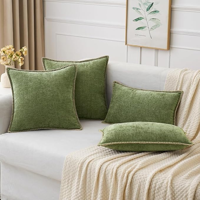 MIULEE Pack of 2 Couch Throw Pillow Covers 16x16 Inch Sage Green Farmhouse Decorative Pillow Covers with Stitched Edge Soft Chenille Solid Dyed Spring Pillow Covers for Sofa Bed Living Room